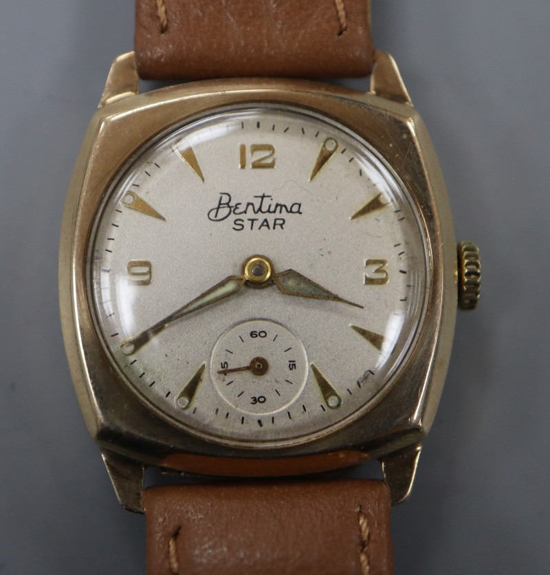 A gentlemans 1950s 9ct gold Bentima Star manual wind wrist watch, on later associated leather strap.